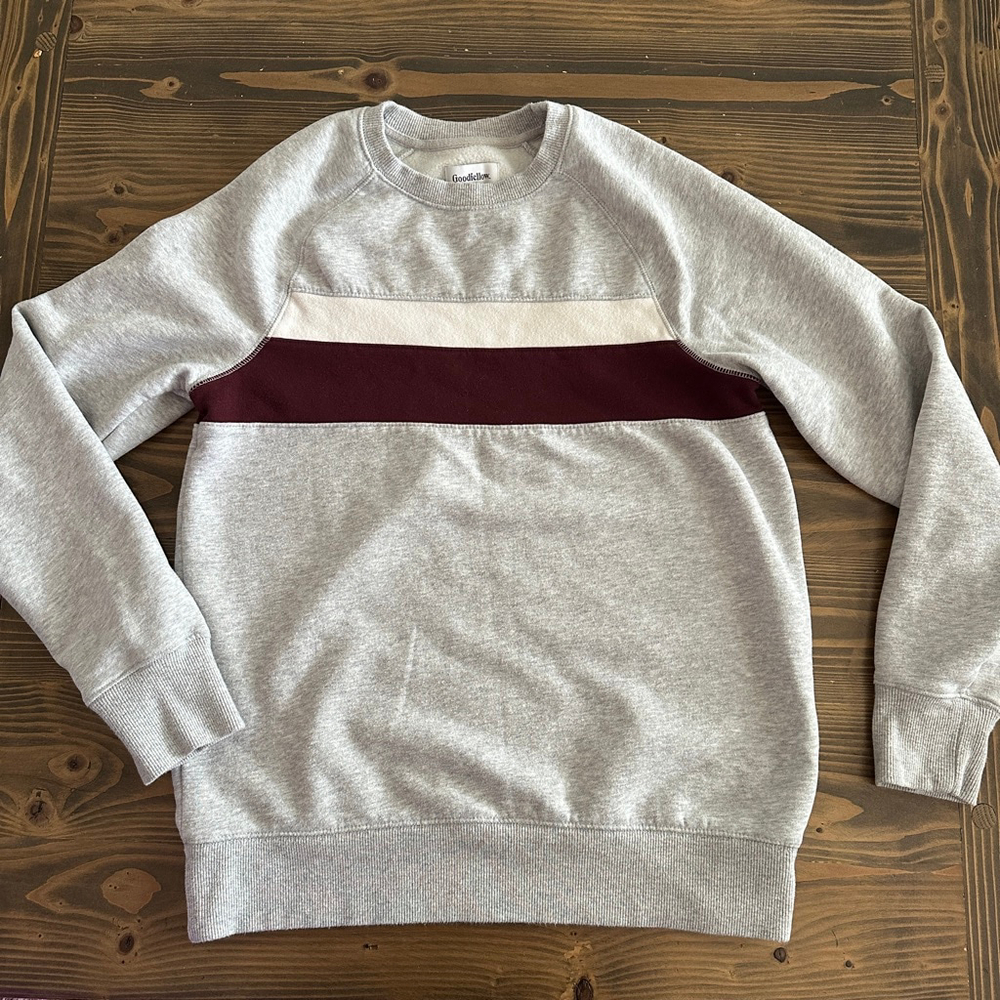 Goodfellow & Co Men Sweatshirt Gray Burgundy Stripe Size M Minimalist Crew Neck